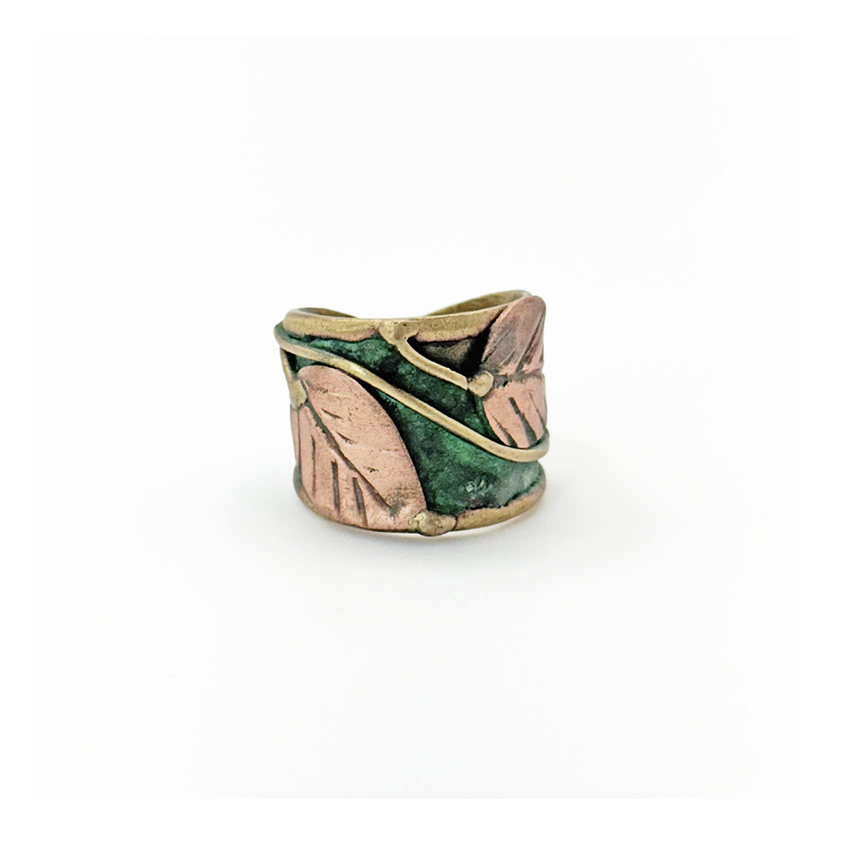 Handcrafted Green & Copper Vine Leaf Brass Patina Ring