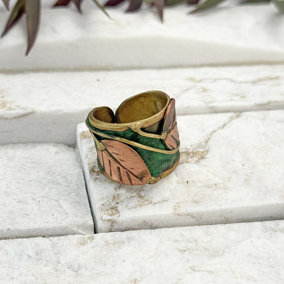 Handcrafted Green & Copper Vine Leaf Brass Patina Ring