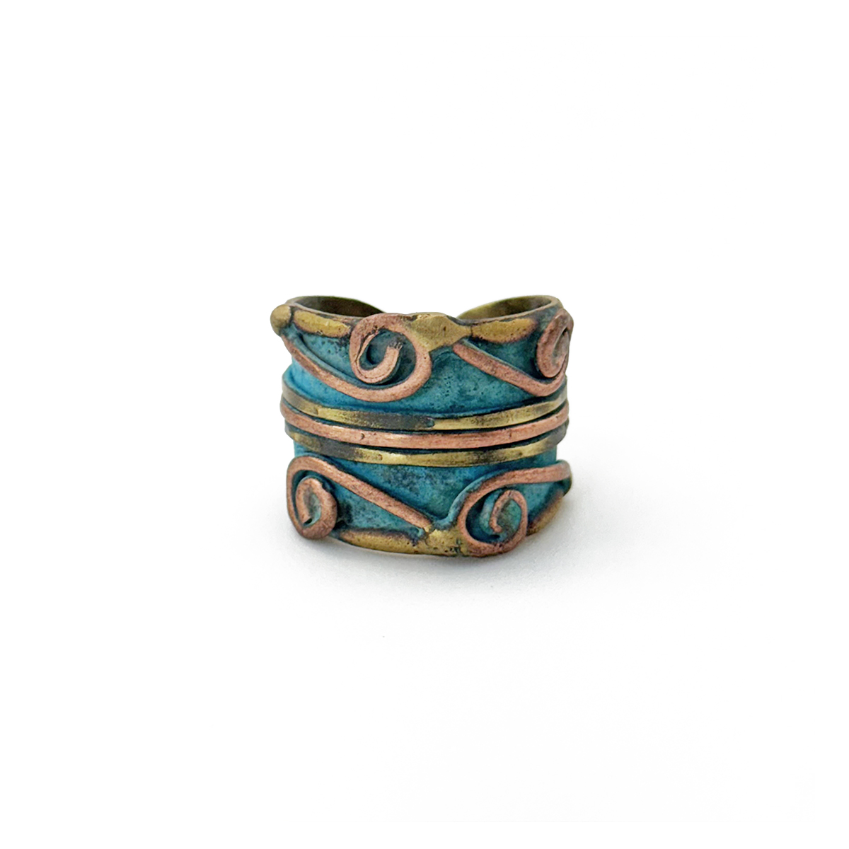 Handcrafted Turquoise & Copper Scrollwork Brass Patina Ring