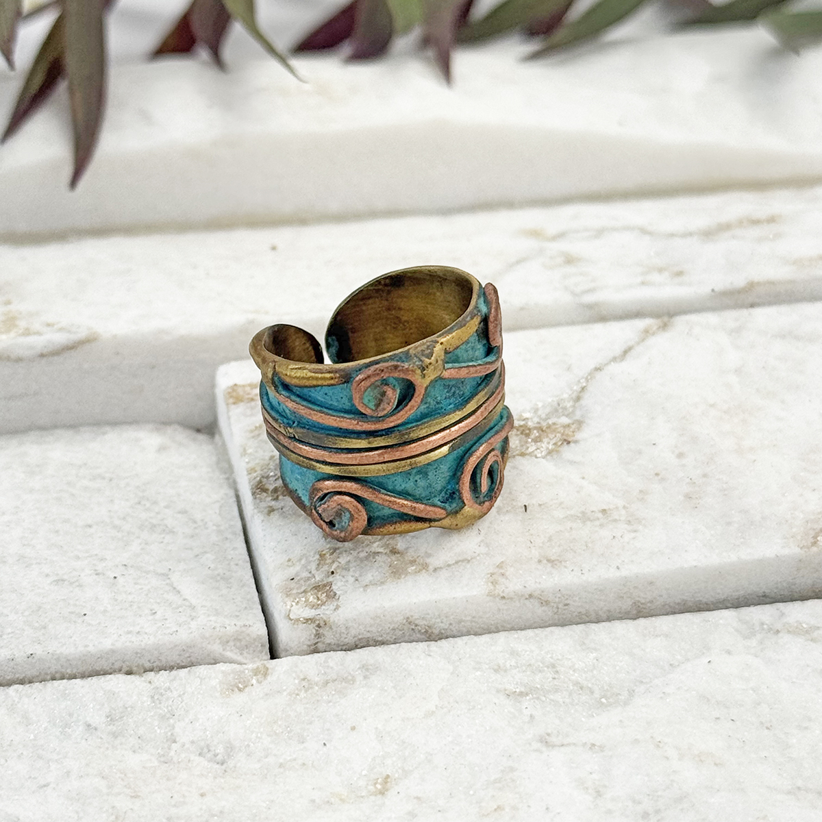 Handcrafted Turquoise & Copper Scrollwork Brass Patina Ring
