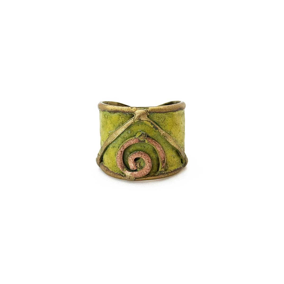 Handcrafted Olive Green & Copper Spiral Brass Patina Ring