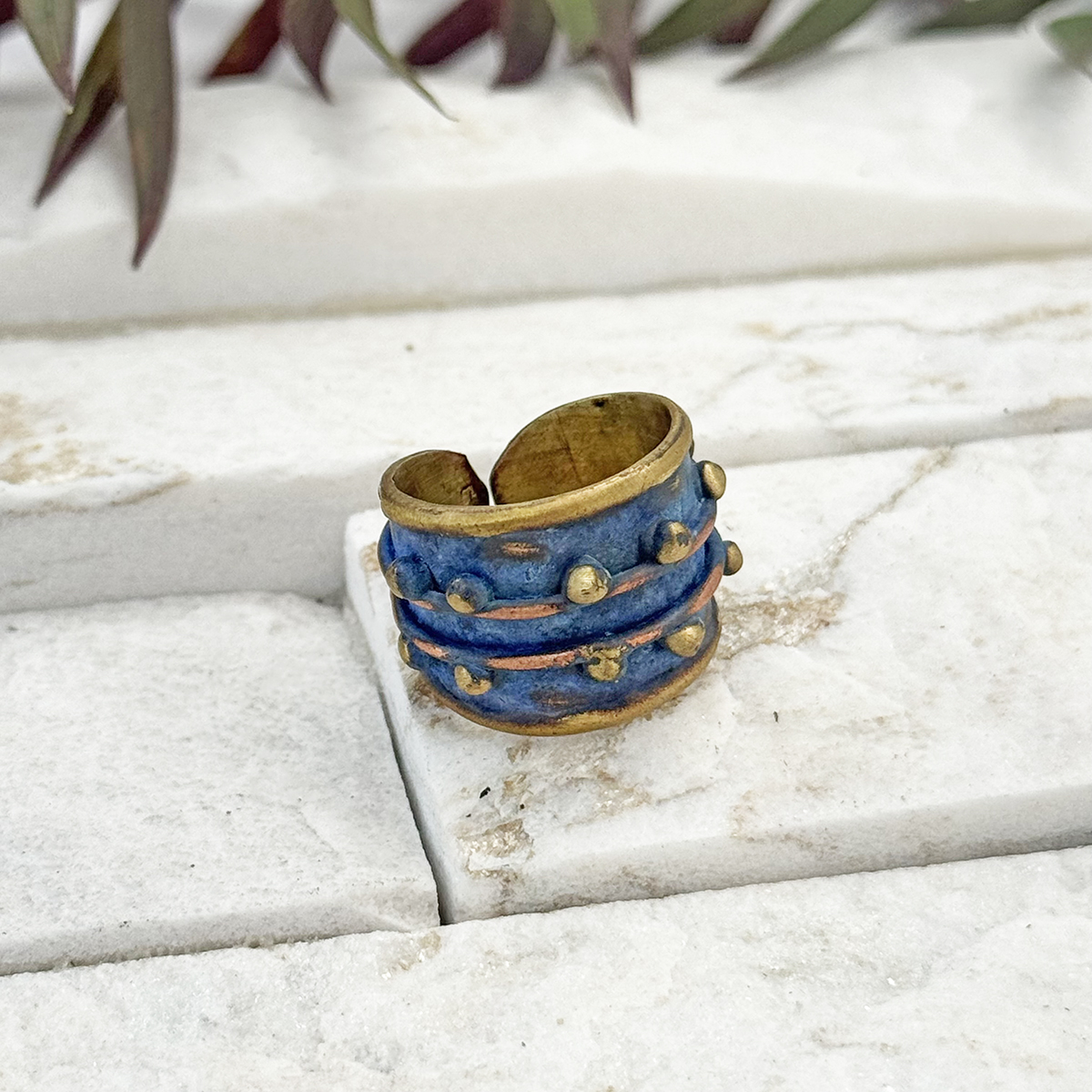 Handcrafted Lapis Blue Dotted Brass Patina Ring