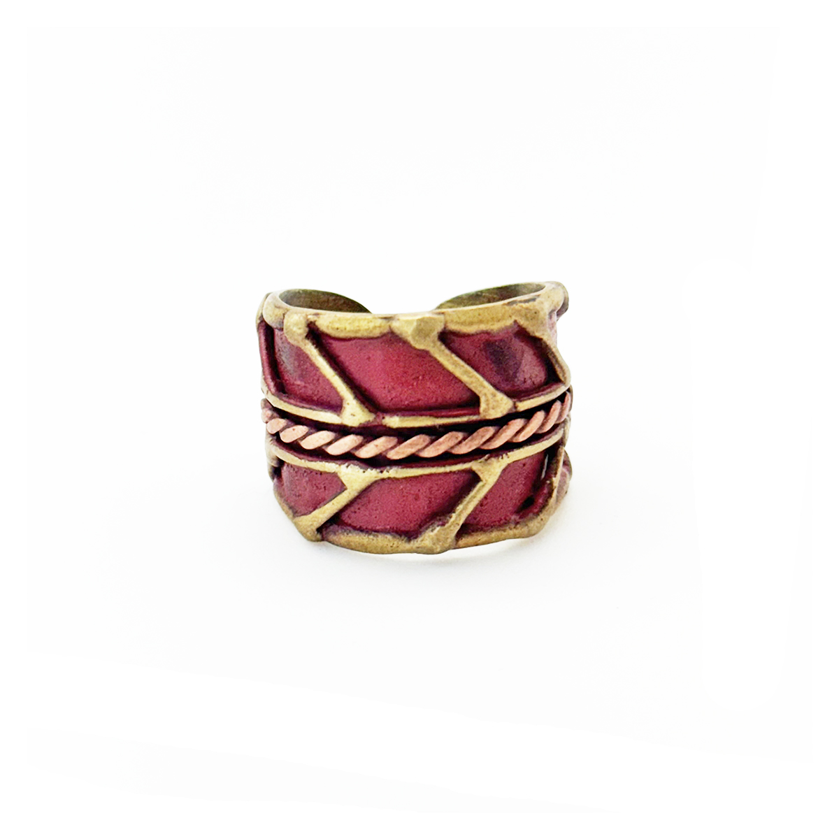 Handcrafted Cranberry Red Herringbone Brass Patina Ring