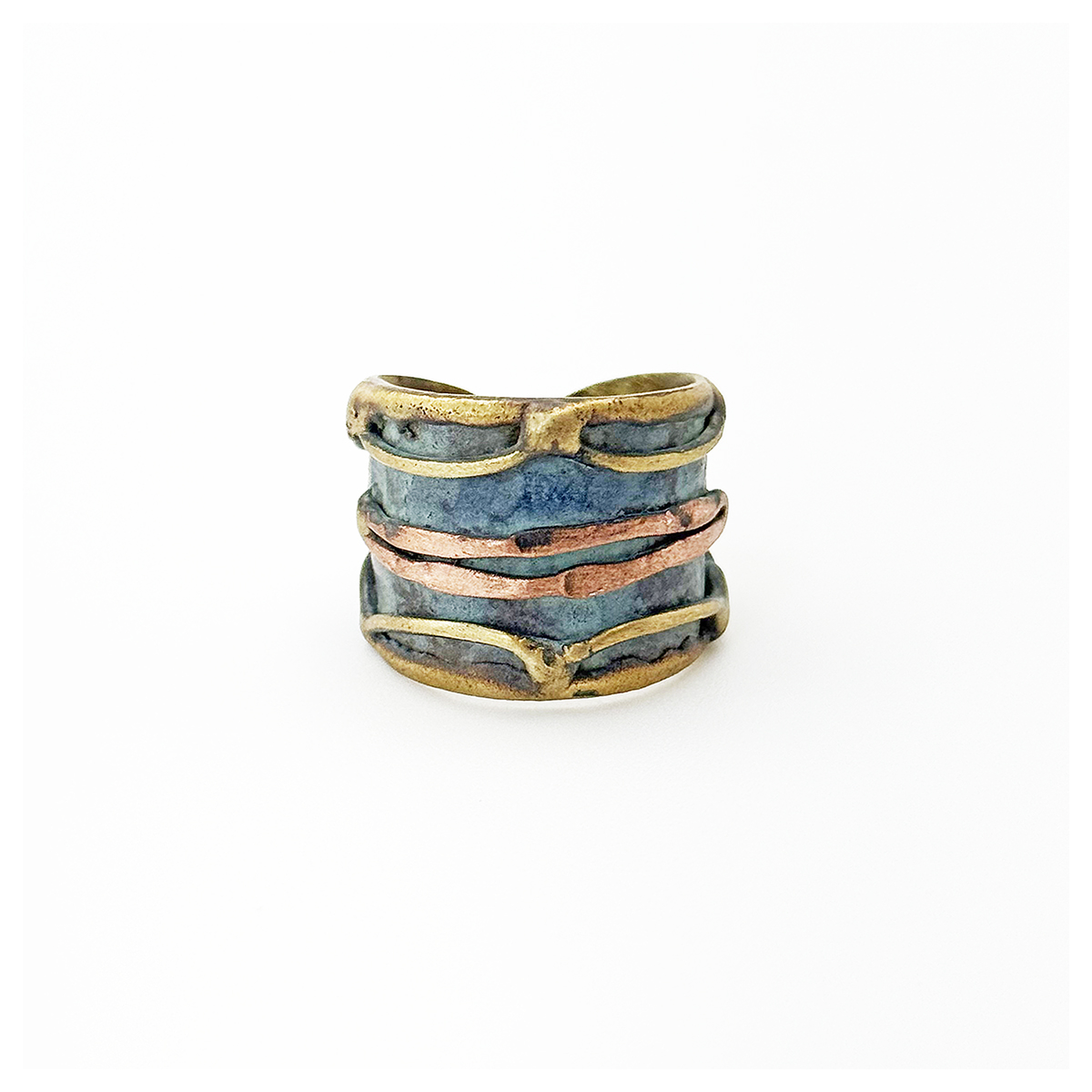 Handcrafted Rustic Blue & Copper Wave Brass Patina Ring