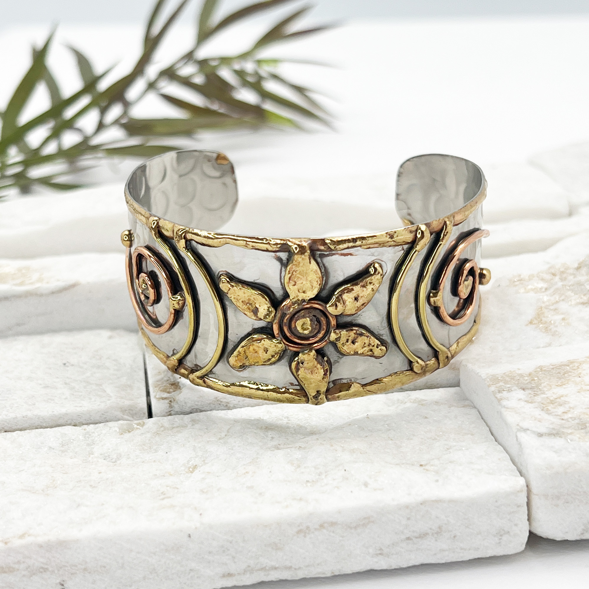 Handcrafted Mixed Metal Cuff - Flower Spiral