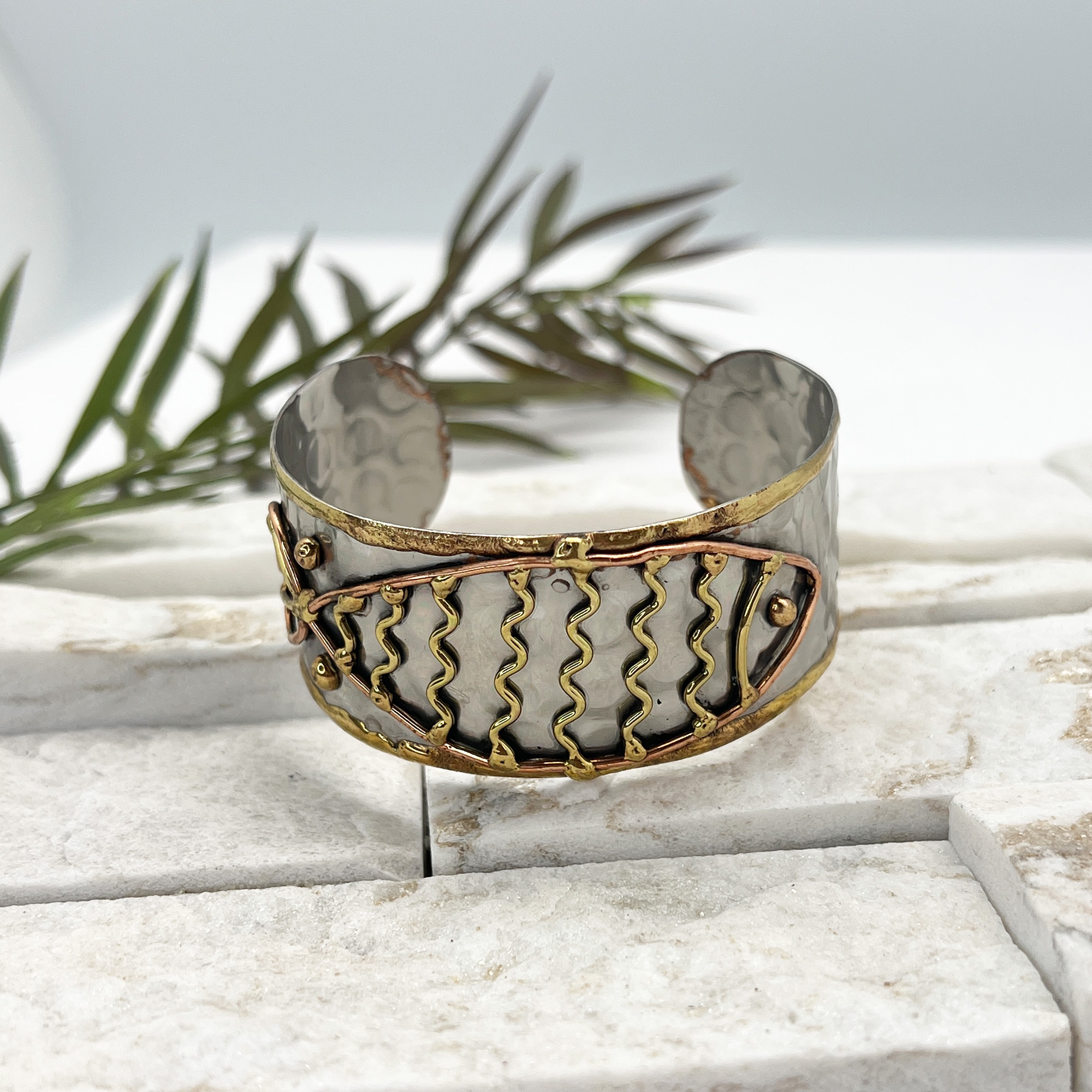 Handcrafted Mixed Metal Cuff - Abstract Fish