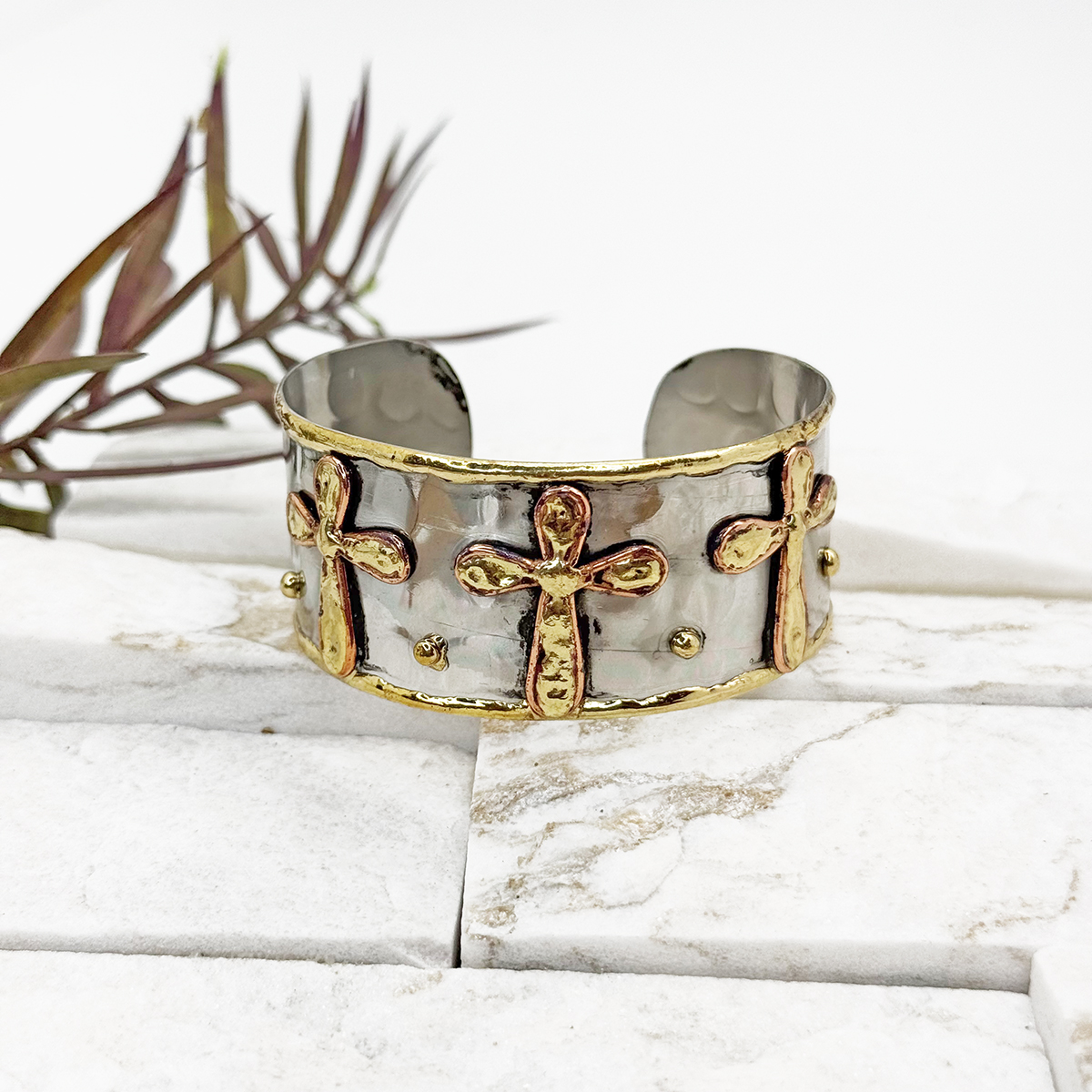 Handcrafted Mixed Metal Cuff - Three Crosses - Image 2