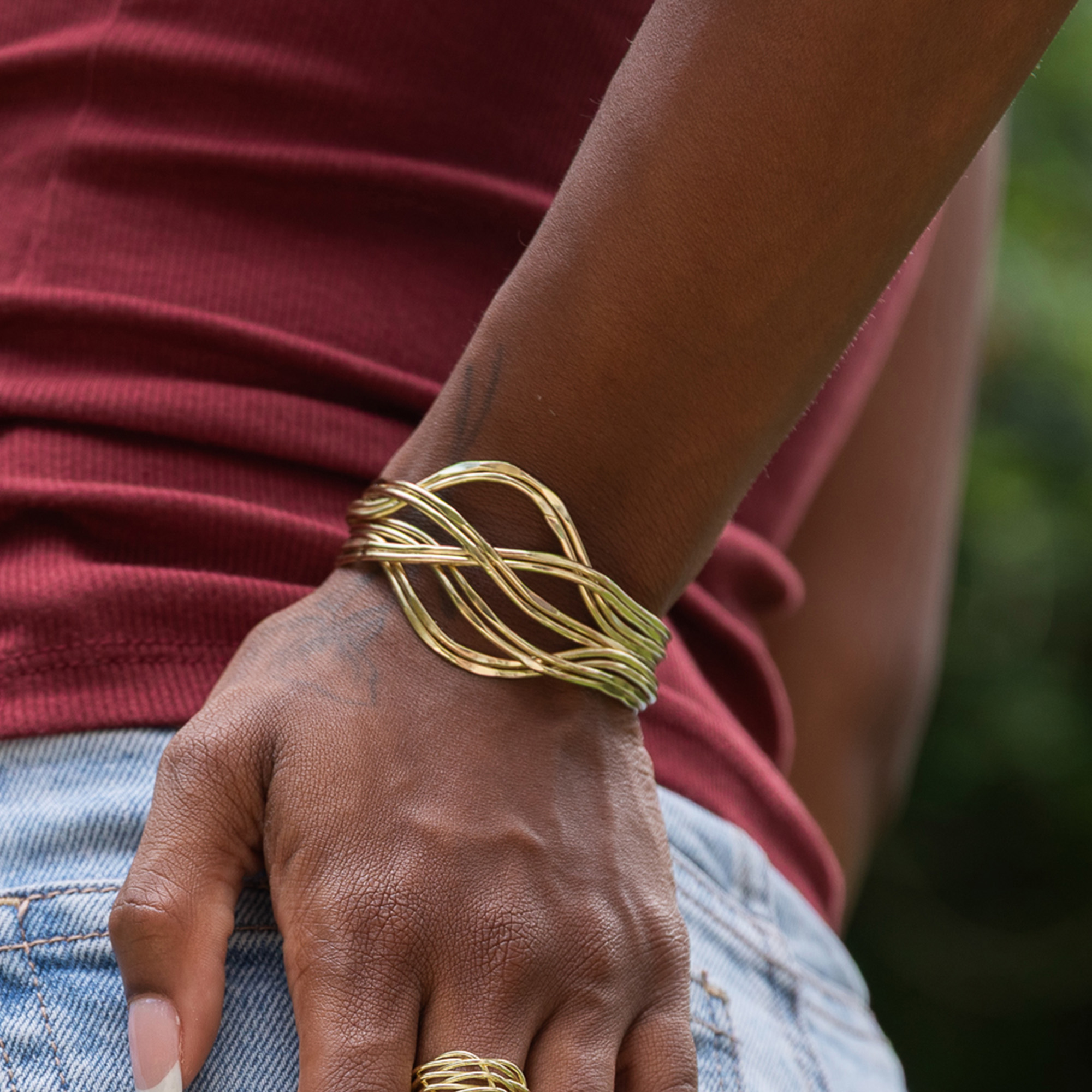 Handcrafted Gold Wavy Wire Cuff Bracelet - Image 2