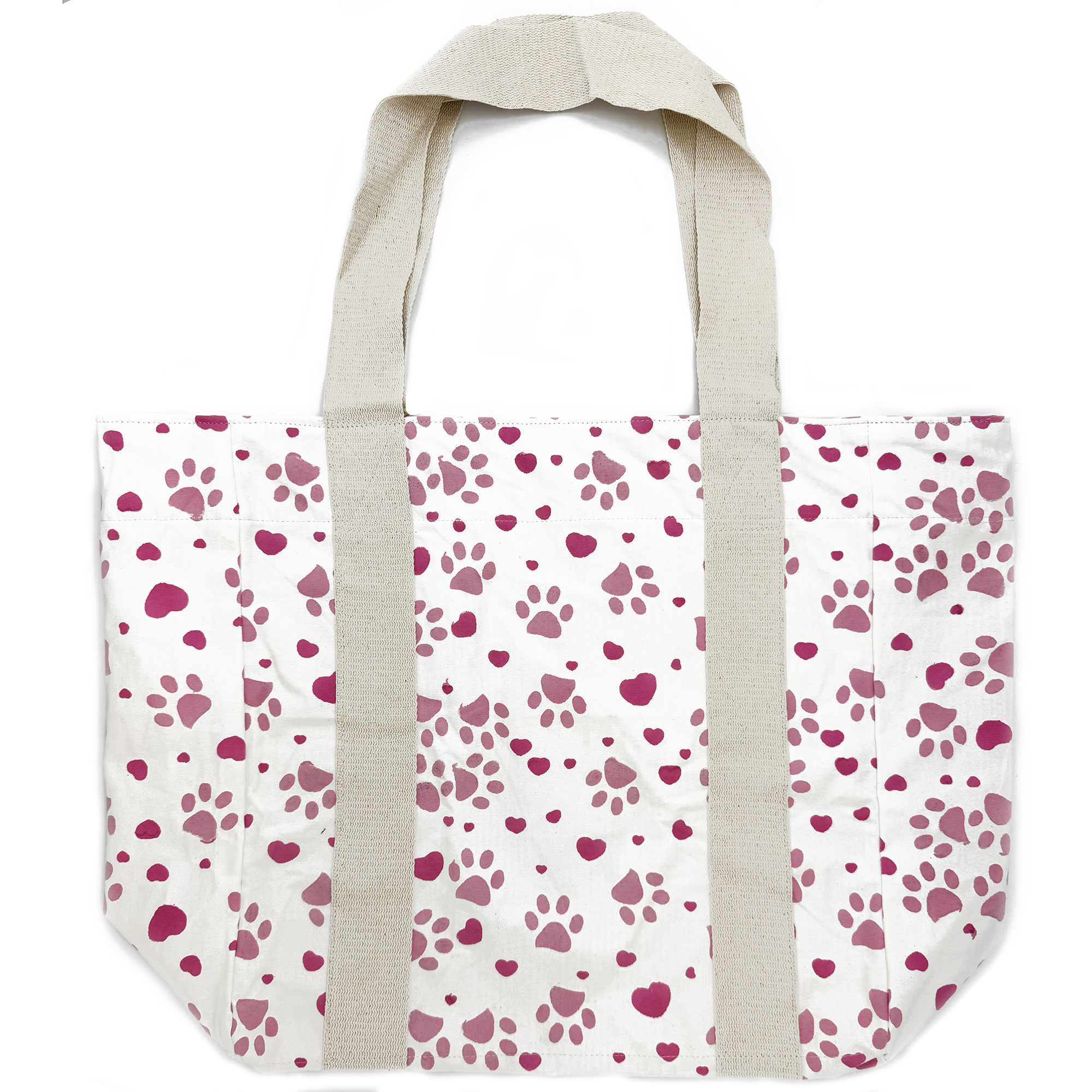 Handcrafted Canvas Tote Bag - Pink Paw Print