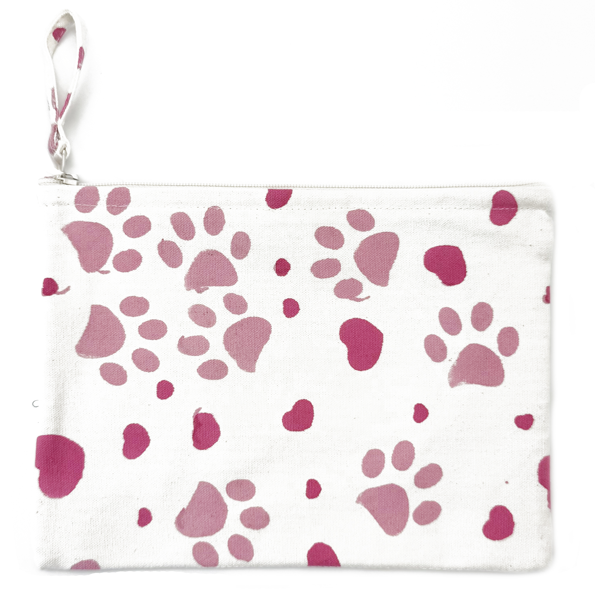 Handcrafted Canvas Zip Pouch - Pink Paw Print