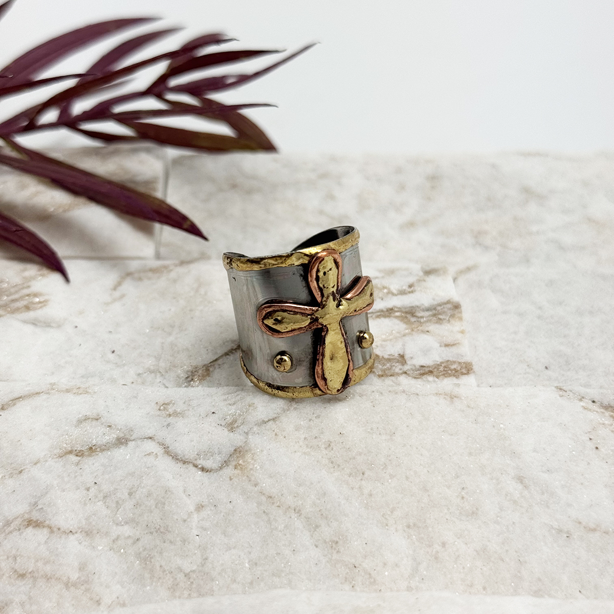 Handcrafted Mixed Metal Cross Ring