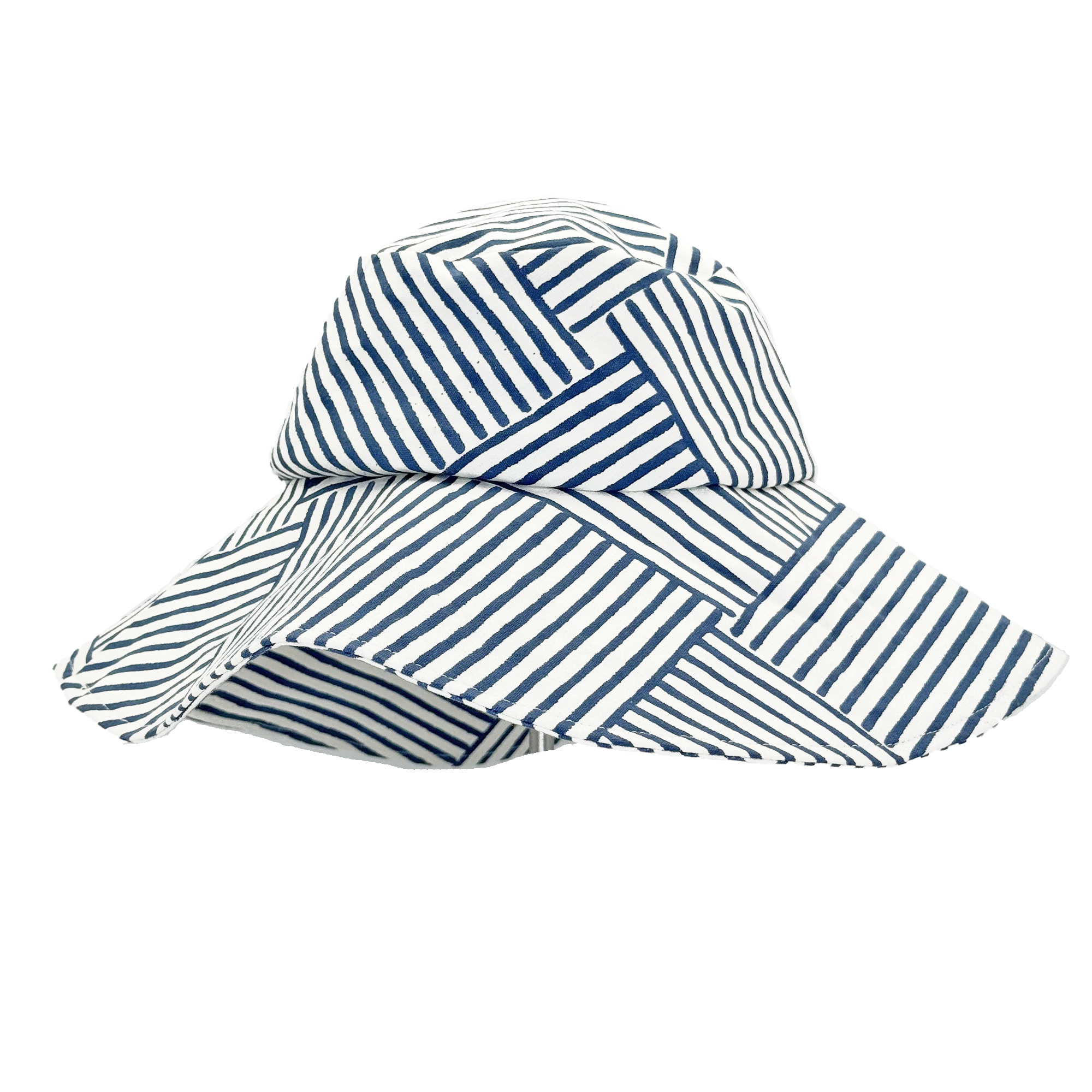 Handcrafted Block Print Sun Hat - Blue Stripe