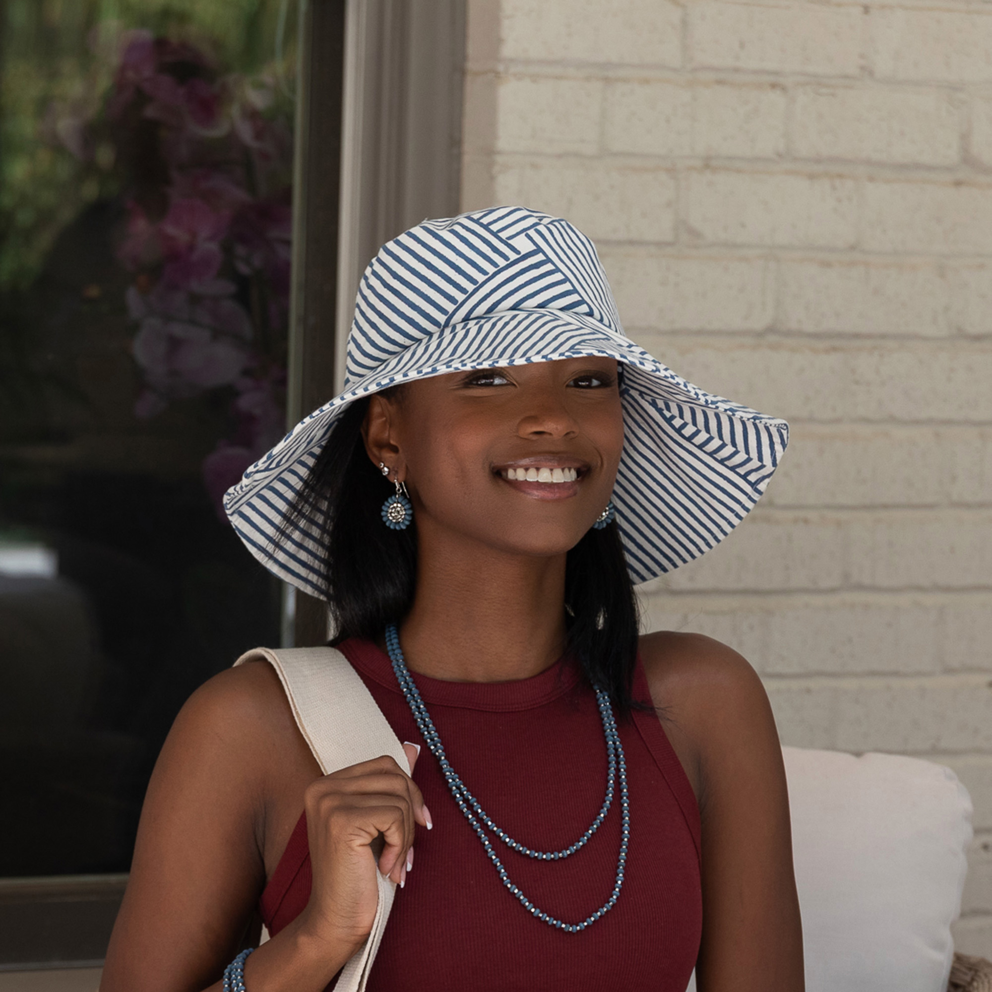 Handcrafted Block Print Sun Hat - Blue Stripe